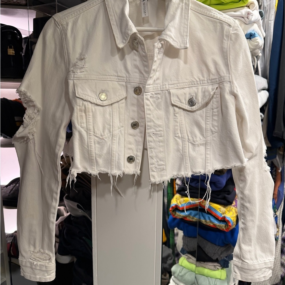 Zara Cropped Distressed White Denim Jacket